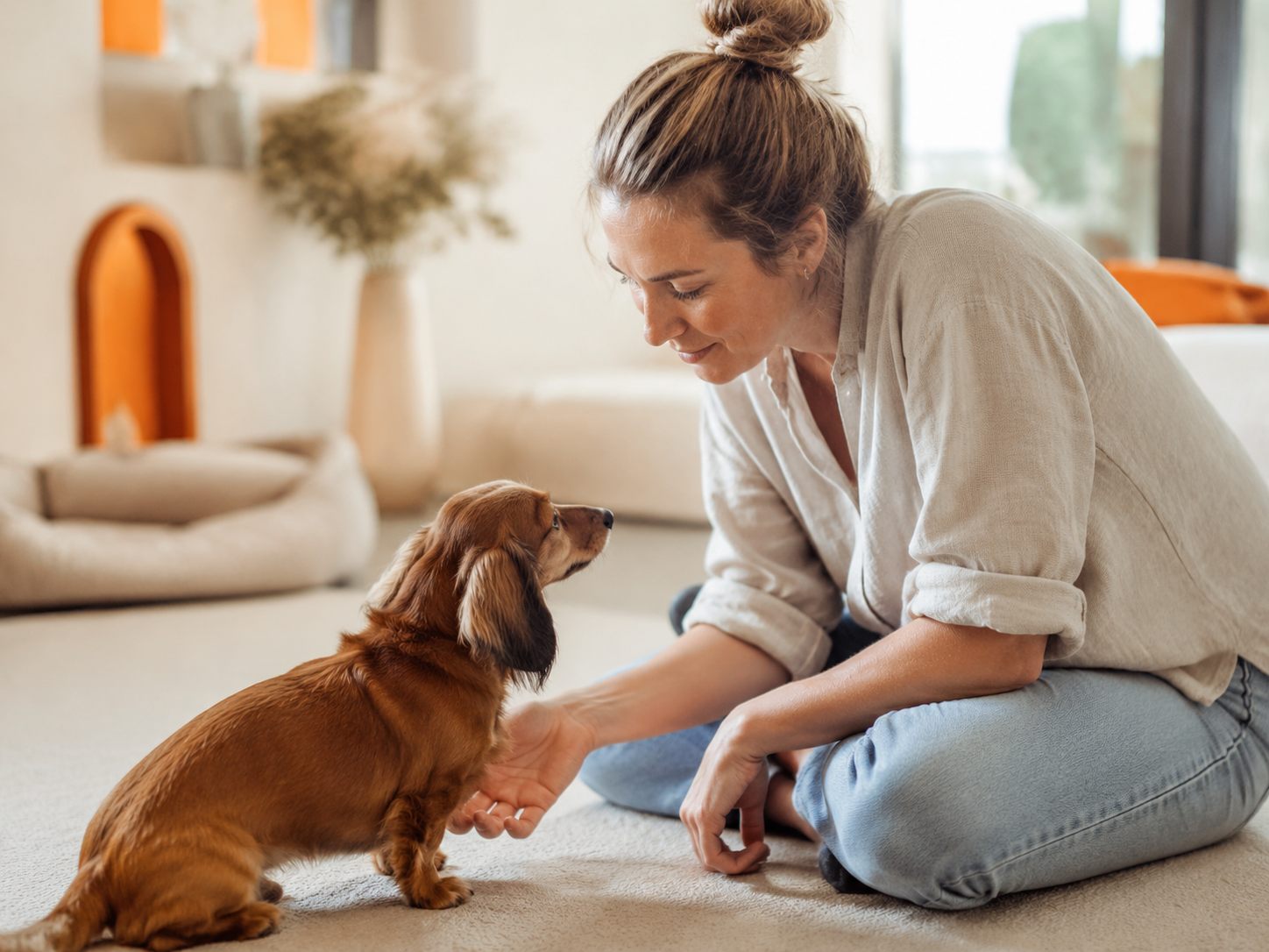 A daycare carer giving a small dog personal attention